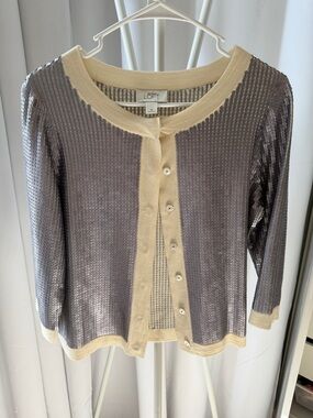 LOFT Silver Sequin Cardigan with Cream Trim